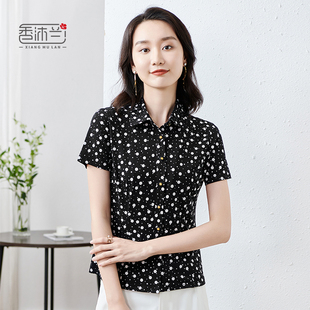 香沐兰商场款2024夏季女短袖衬衫上衣修身印花大码高级感小衫