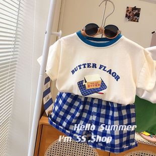 韩国童装2023夏季儿童男，女童字母短袖t恤格子短裤两件套休闲套装