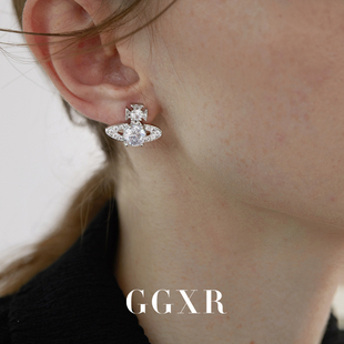ggxr土星镶钻水晶耳环，耳夹项链套装，设计感网红同款饰品