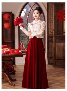 粉色敬酒服新娘高级感红色中式订婚裙长袖加厚秋冬季结婚回门礼服
