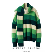 绒暖斯特〓绒+〓绿条纹圆领廓形粗针羊绒毛衣围巾两件套2024春