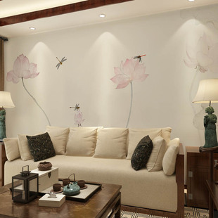 新中式电视背景墙纸壁纸，沙发卧室大型壁画简约荷花，墙布古典禅意境