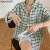 naning9夏季韩版设计感格纹百搭长袖遮阳宽松衬衫女