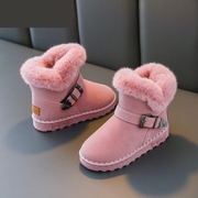 女童鞋子面包鞋粉色洋气，毛毛雪地靴，高帮女款冬季儿童加绒加厚短靴