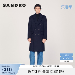 sandrooutlet男装春秋款，法式长款羊，毛毛呢大衣外套shpma00273