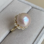 s925银镀金大颗粒极亮正圆天然白色珍珠，戒指12.6mm不封口