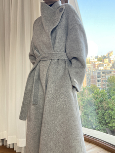 大连东越韩国设计师款立领双面，羊绒大衣女中长款灰色高级毛呢外套