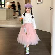 原创童装女童粉色公主短裙，秋季2023儿童小女孩，时髦网纱半身裙