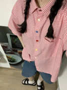 粉红色格子短袖衬衫女薄款夏装学生，韩版宽松bf慵懒风休闲百搭上衣