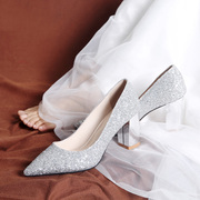 结婚鞋子女2023年白色婚纱，高跟鞋粗跟孕妇，银色水晶新娘鞋伴娘