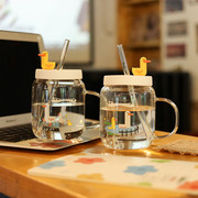 水杯女ins风透明吸管玻璃杯带把便携创意可爱杯子带盖大容量家用