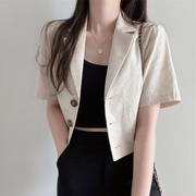 韩版休闲短袖亚麻小西装女夏季薄款宽松短款气质外套小个子上衣