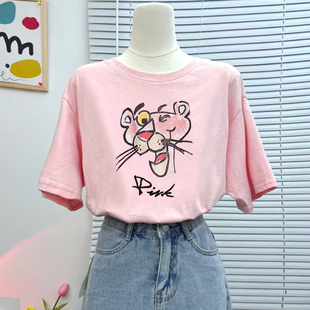 粉色老虎t恤女学院风短袖，夏季2024东大门纯棉，设计感小众上衣