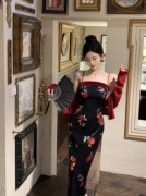 新中式国风玫瑰红色丝绒拼接吊带连衣裙秋复古性感女人味包臀长裙