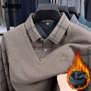 JEEPSPIRIT吉普男士加绒假两件毛衣加厚衬衫领针织打底衫男上衣服