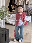 韩国童装24春夏女童气质小香风马甲+儿童牛仔，直筒裤+卡通短袖t恤