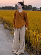 南瓜橘色圆领套头粗针毛衣女，秋冬宽松慵懒风外穿粗线针织衫