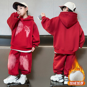 男童加绒套装冬装2023中大童男孩红色拜年服儿童加厚两件套潮