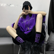 紫色条纹字母中筒袜，韩版运动袜双杠街舞个性学院，风男女情侣长袜棉