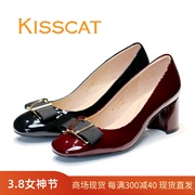 KISSCAT接吻猫2023牛漆皮圆头粗高跟蝴蝶结通勤女单鞋KA43604-10