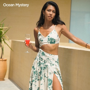 OceanMystery印花细肩带沙滩 连衣裙 子女性感开衩泳装外搭裙