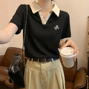 v领黑色短袖t恤女夏季小众设计感款式休闲美式polo衫小个子上衣潮
