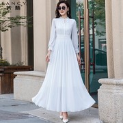 白色雪纺长裙女2024春季经典，款拍照超仙长袖到脚踝超长连衣裙