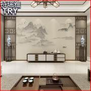 新中式壁纸写意山水水墨背景墙，沙发古典国画壁画，客厅卧室无缝墙布