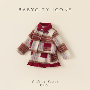 女童小香风套装冬装女宝宝毛呢格子两件套儿童红色周岁礼服拜年服
