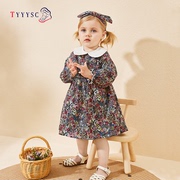 女童长袖公主裙拼色碎花，可爱宝宝1-3岁小童连衣裙，田园风春装