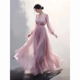 高端精致粉紫色雪纺连衣裙秋季2023超好看显身材气质轻奢长裙