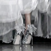 银色水晶高跟鞋女细跟18岁成年礼服气质蝴蝶结婚纱，两穿婚鞋新娘鞋