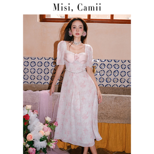 Misi Camii法式撞色玫瑰印花连衣裙夏季轻奢名媛气质长裙