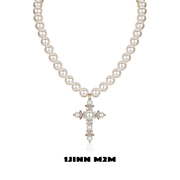 1jinnm2m男女款，复古巴洛克风珍珠十字架，项链毛衣链