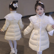 女童羽绒服加厚90白鸭绒中长款2023冬季中大童装中国风蕾丝潮
