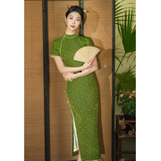 唐之恋2024高档旗袍，绿色连衣裙长款夏女高贵新中式改良连肩袖
