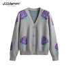 九州诚品/JZZDEMM紫色草莓提花设计感时尚修身v领针织开衫上衣女