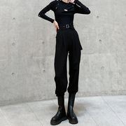 束脚裤女高腰显瘦2023秋冬工装，搭配马丁靴，黑色哈伦西装裤垂感