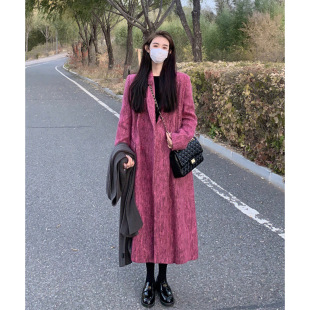冬季韩版名媛风西装，外套女长款高级感玫红色，加厚斗篷大衣