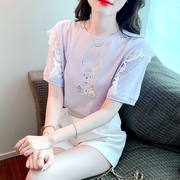 小清新甜美上衣女夏季2023设计感小众花边泡泡袖紫色打底t恤