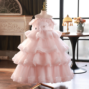 女童礼服轻奢小众，高端公主裙，2024儿童主持人钢琴演出服粉红色