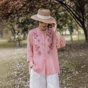 园园美衣24夏立领(夏立领，)宽松版苎麻刺绣衬衫，七分袖轻薄透气单排扣小