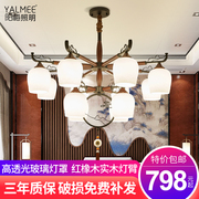 新中式实木餐厅灯吊灯中国风铁艺祥云仿古橡木客厅玻璃吊灯灯具
