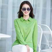 2024款牛油果绿衬衣春季长袖衬衫女装全棉质上衣打底衫女式韩版