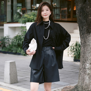 DAU设计师拼皮慵懒风衬衫2023女秋季高级气质黑色长袖上衣