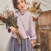 春秋女童汉服中国风儿童改良民族风刺绣，上衣网纱裙复古两件套唐装