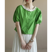 天然出品花边圆领短袖直筒纯色，衬衫女宽松两色泡泡袖衬衣ca5302