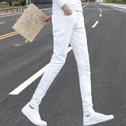 春季薄款纯白色牛仔裤男修身小脚弹力紧身裤，男韩版潮流直筒长裤子