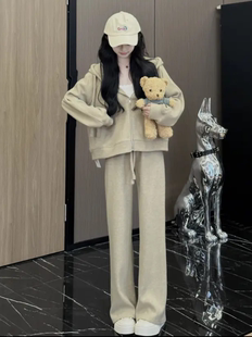 洋气时尚卫衣套装女早秋拉链连帽开衫休闲宽松垂感阔腿裤两件套潮