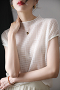 白色镂空针织衫女短袖t设计感小众亮丝薄款法式气质立领针织上衣